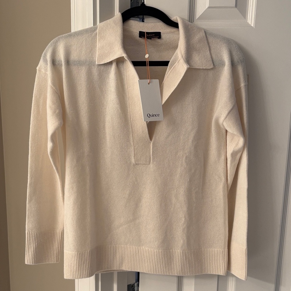 NEW NWT Quince Women's Mongolian Cashmere V-Neck Collared Ivory Cream Sweater